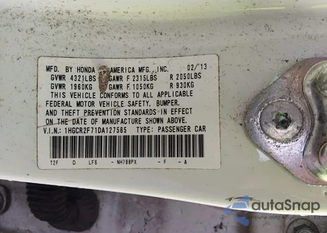 2013 Honda Accord Ex из США, поврежденный, VIN 1HGCR2F71DA127585